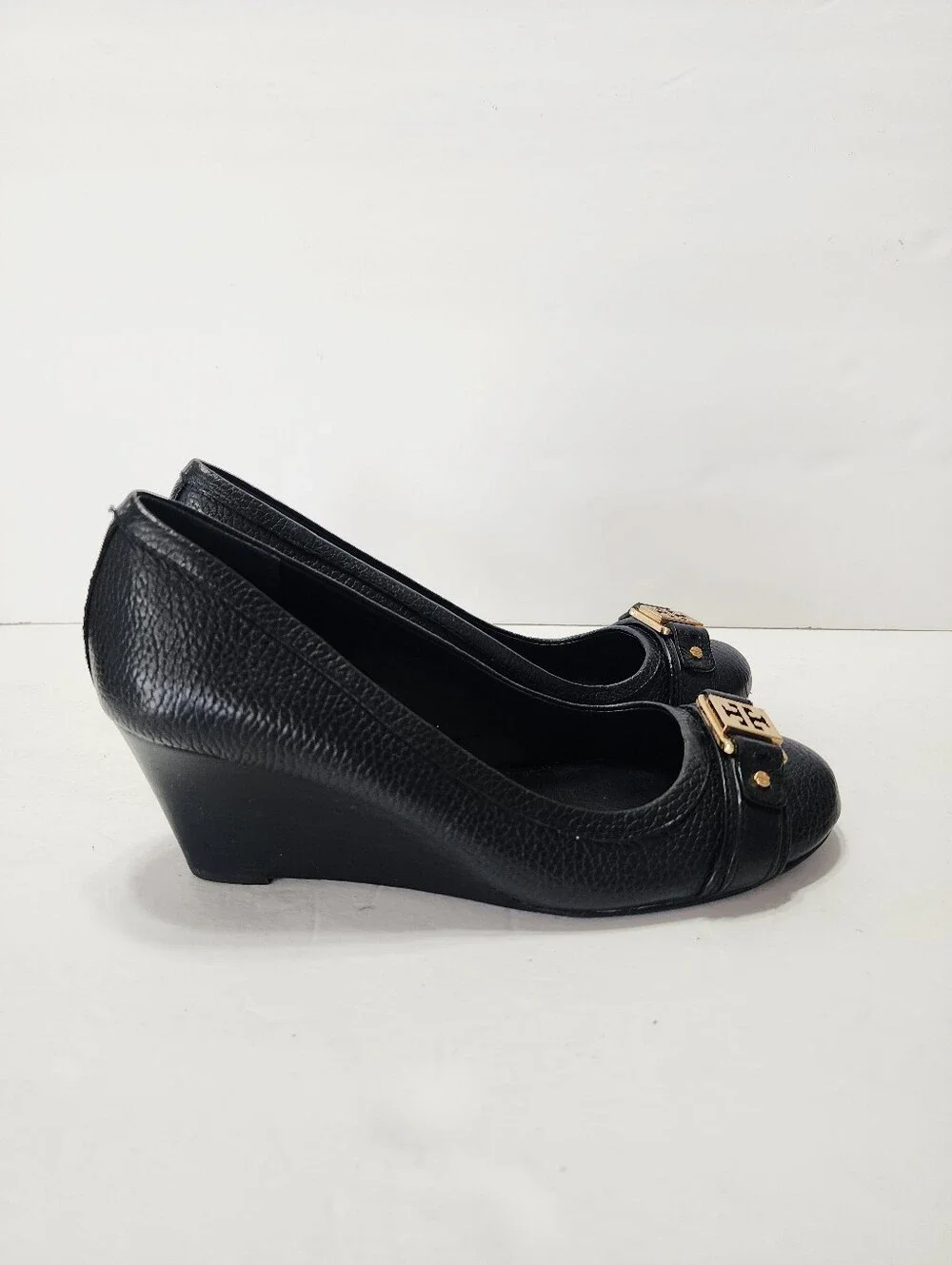 Tory Burch Black Leather Logo-Embellished Wedges Size 7.5